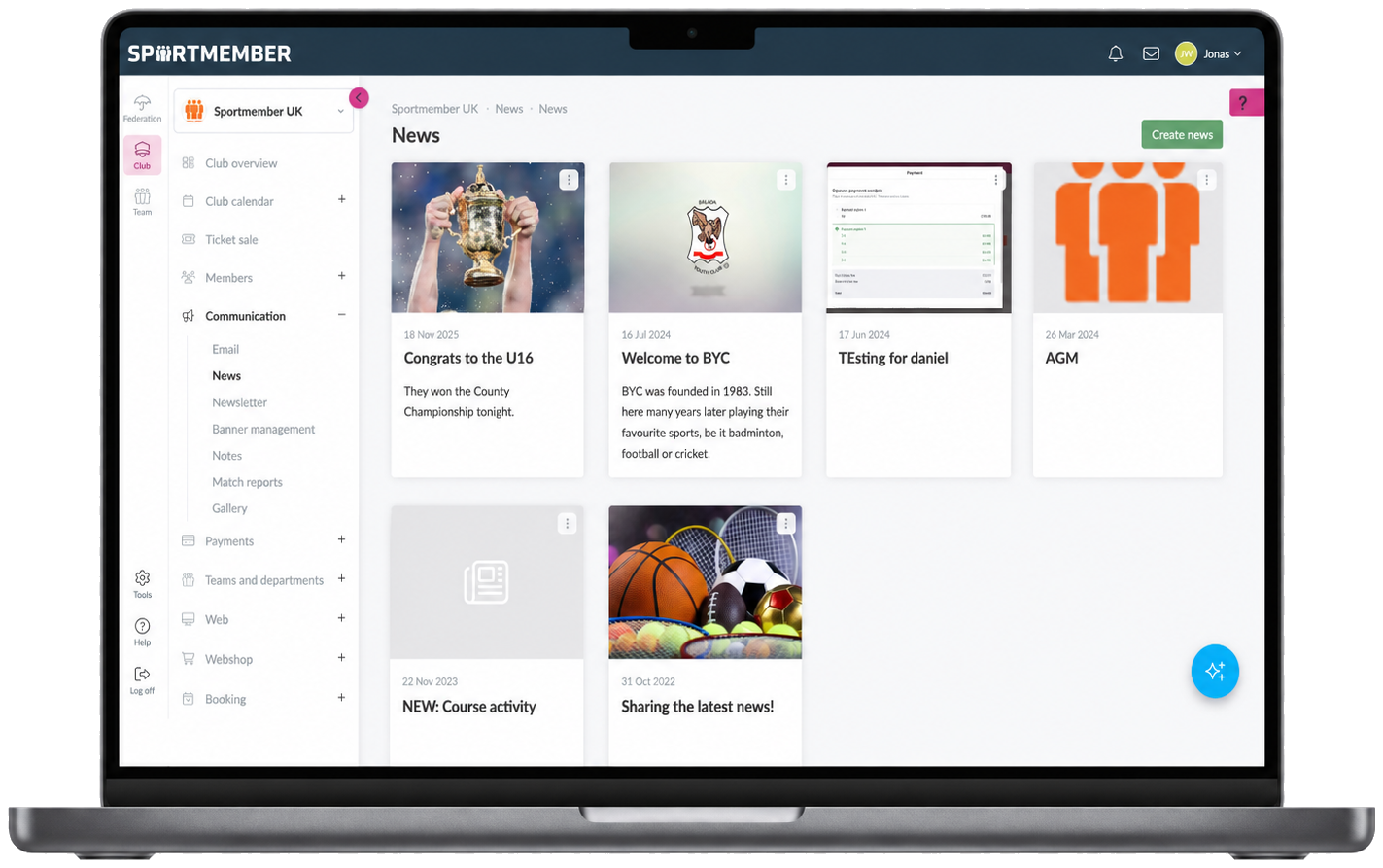 The Communication menu in the SportMember web admin with email, news, newsletter and banner management for the association