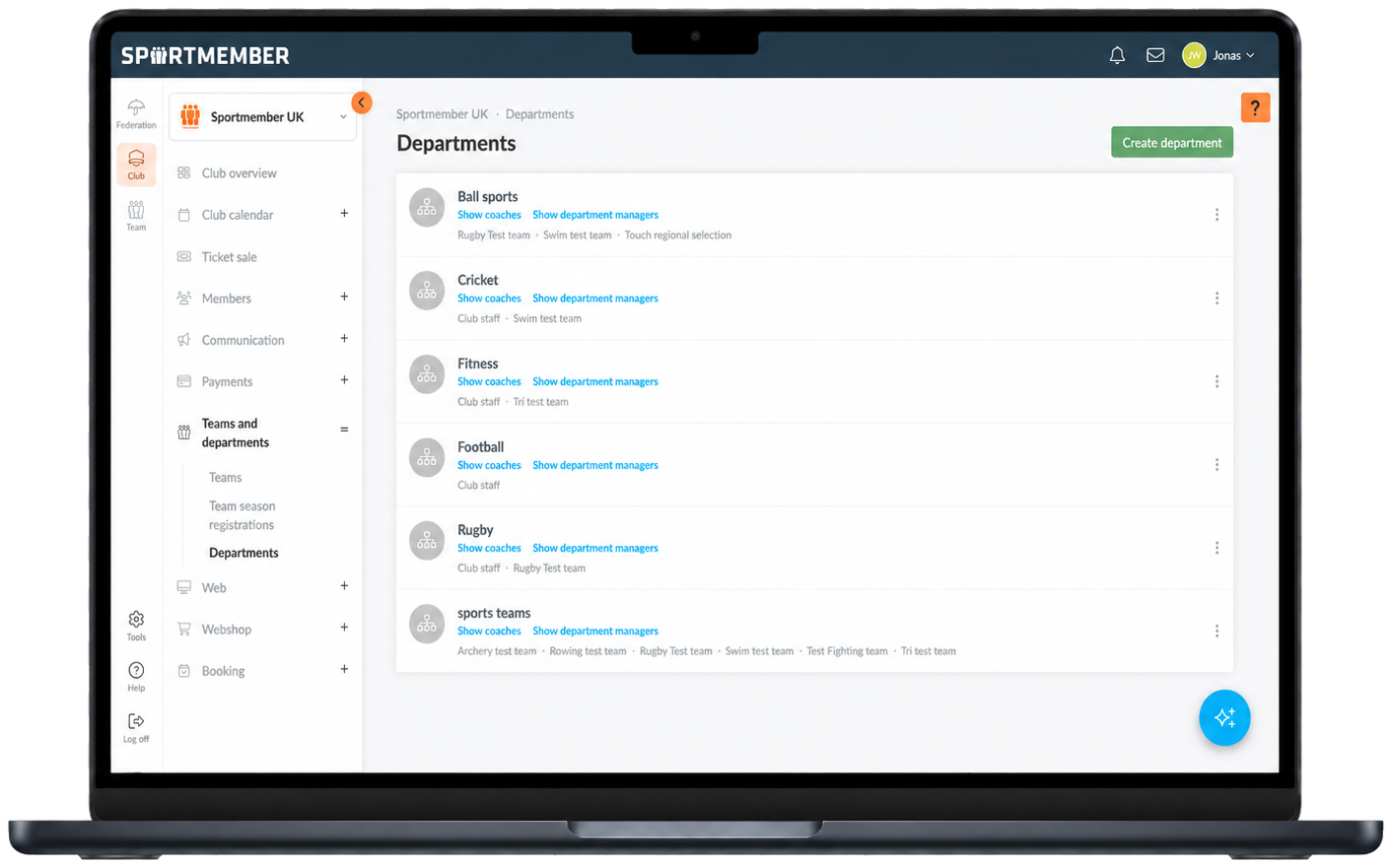 Departments in the SportMember web admin: each section of the association listed with its own teams and coaches, inside one member database