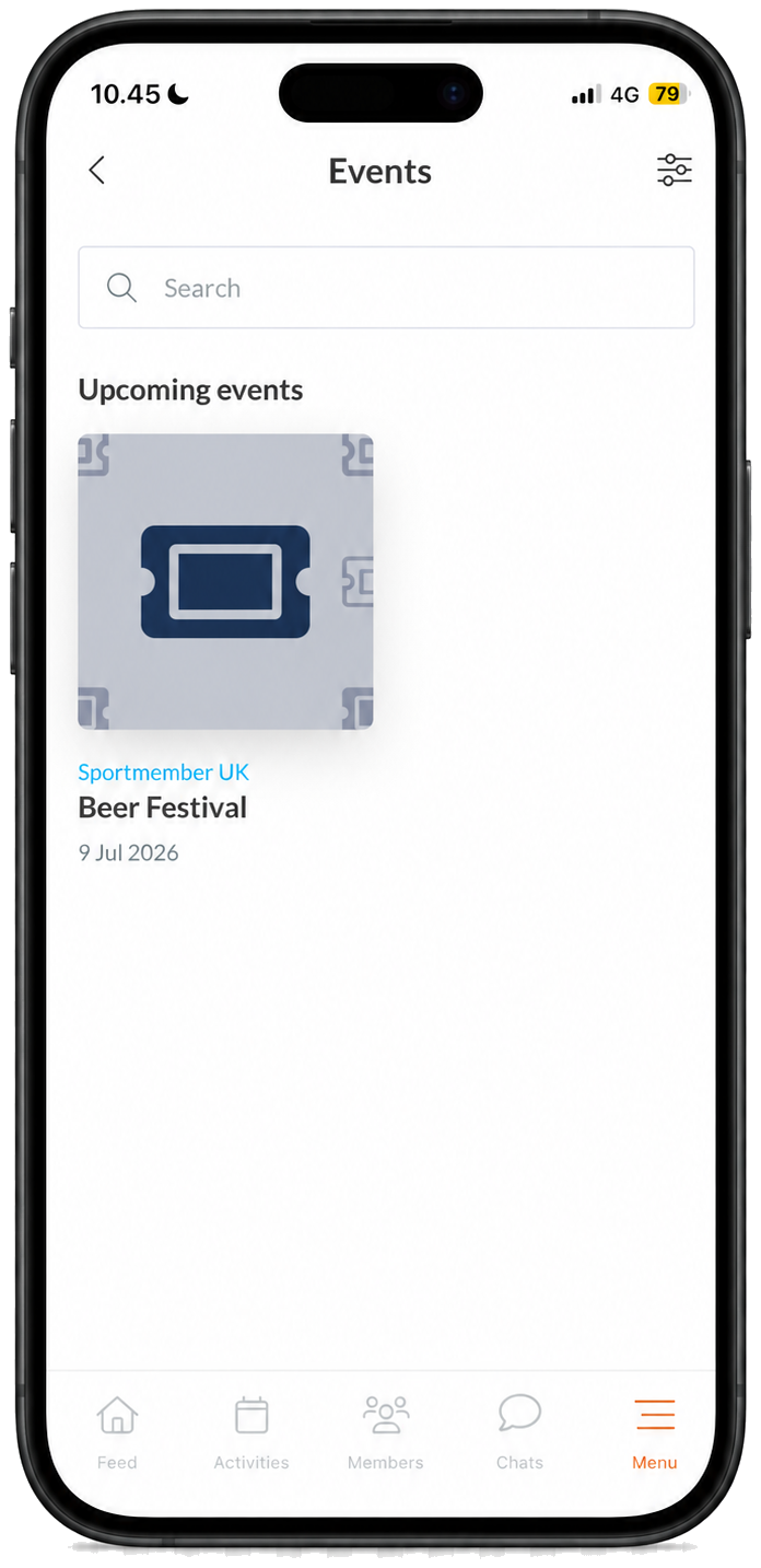 Upcoming association events with ticket sales in the SportMember app