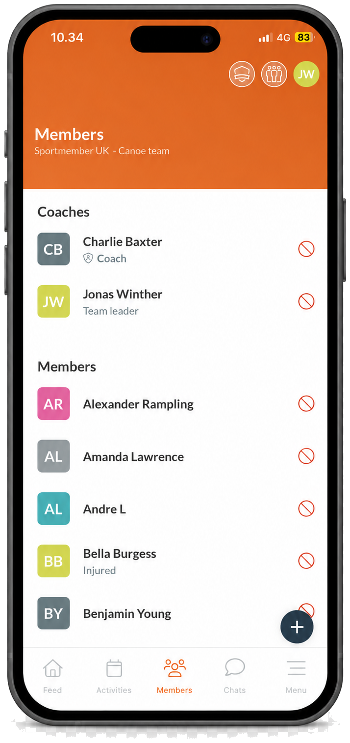 Members and coaches of an association listed in the SportMember app, grouped by role